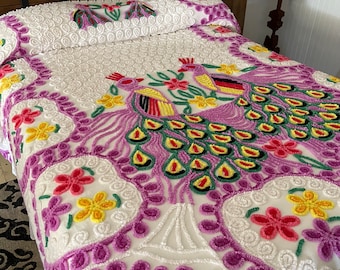 Vintage Fluffy Chenille Double Peacocks and Hearts Full Size Bedspread