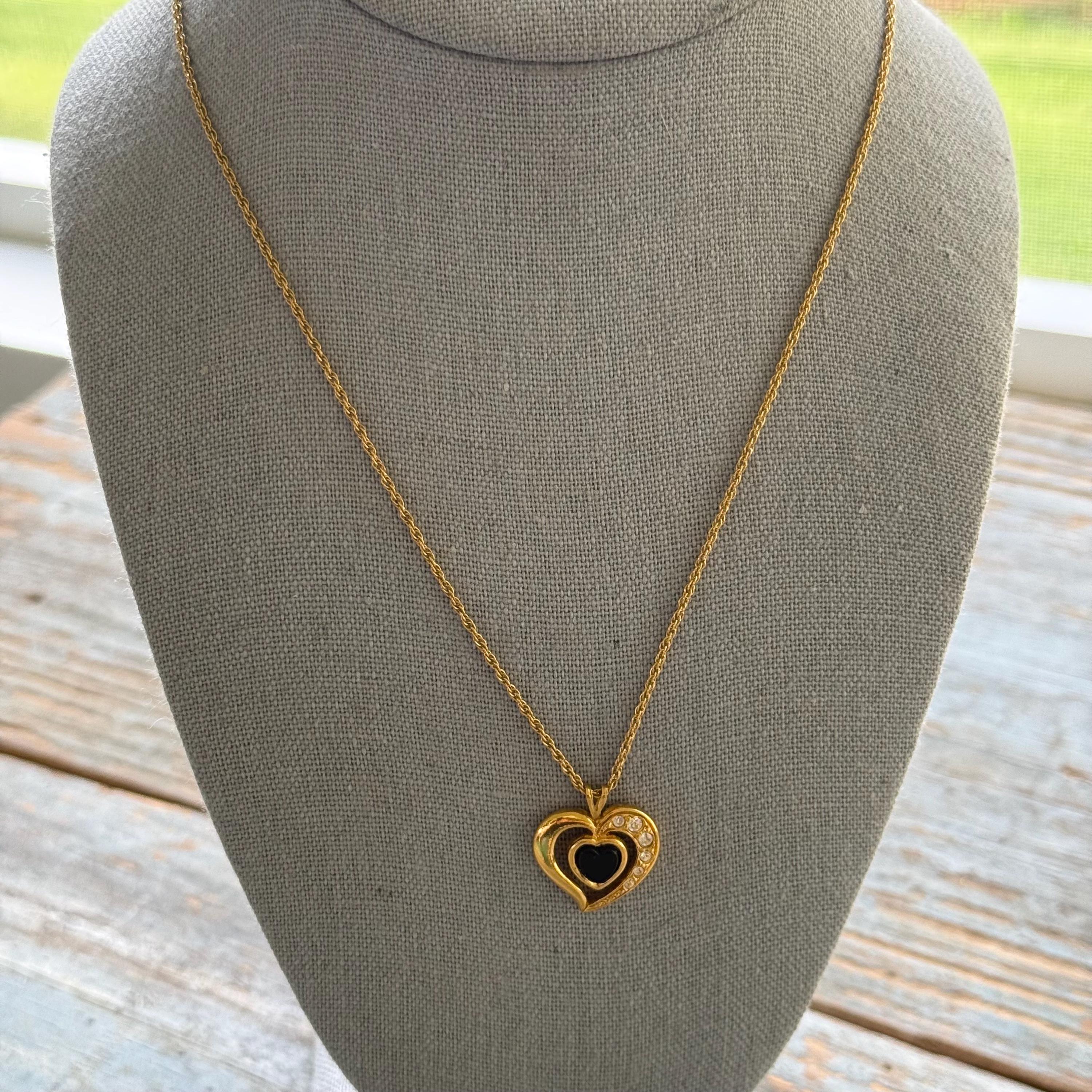 Vintage 1990's Avon Onyx and Rhinestone Heart Necklace