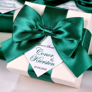 Personalized Wedding Favor Boxes: Emerald Green Satin Ribbon
