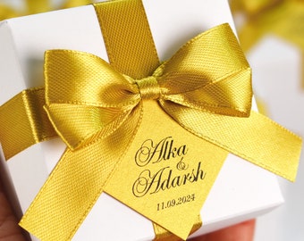 Personalized Wedding Favor Box: Gold Ribbon Bow, Custom Tag