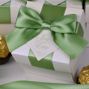 Olive Green Wedding Favor Box: Personalized Satin Ribbon Bonbonniere