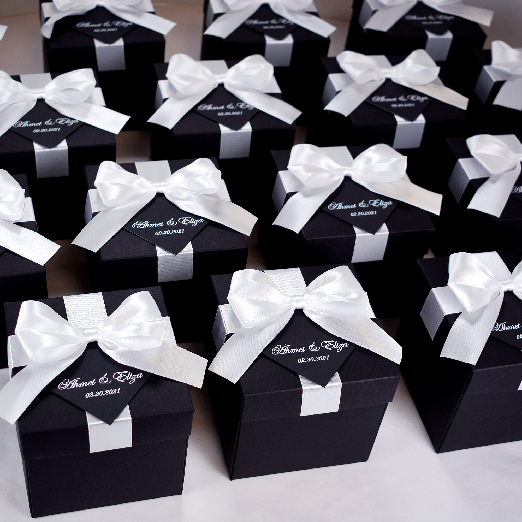 100 Black & White Personalized Wedding Favor Boxes With Satin Ribbon ...