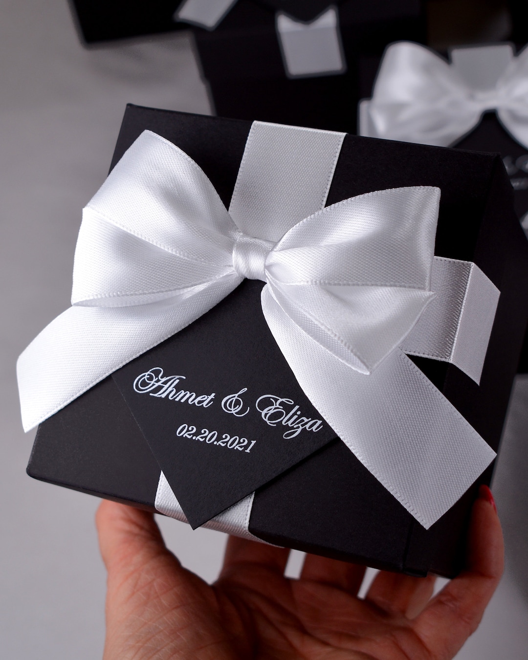 100 Black & White Personalized Wedding Favor Boxes With Satin Ribbon ...