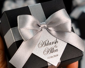 Personalized Wedding Favor Box: Satin Ribbon & Custom Tag
