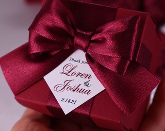 Burgundy Wedding Favor Box: Personalized Satin Ribbon Bonbonniere
