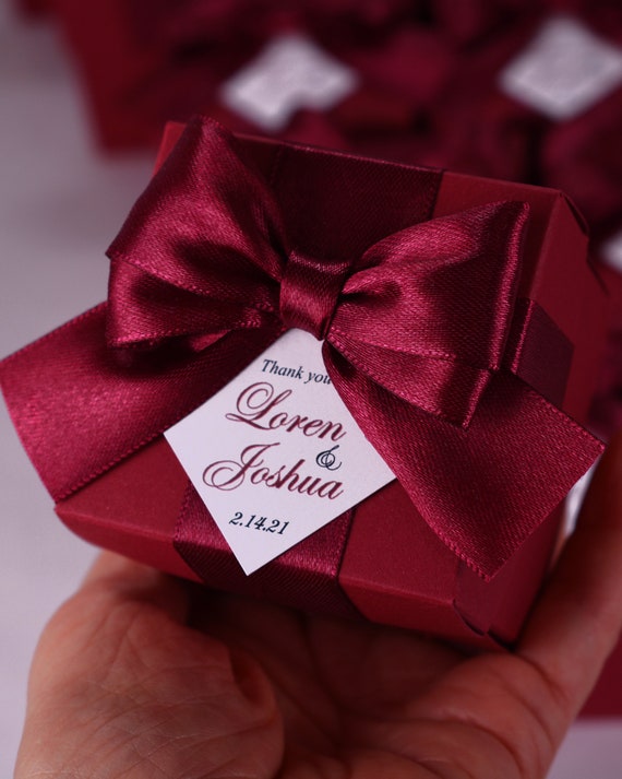 Burgundy Wedding Favor Box: Personalized Satin Ribbon Bonbonniere