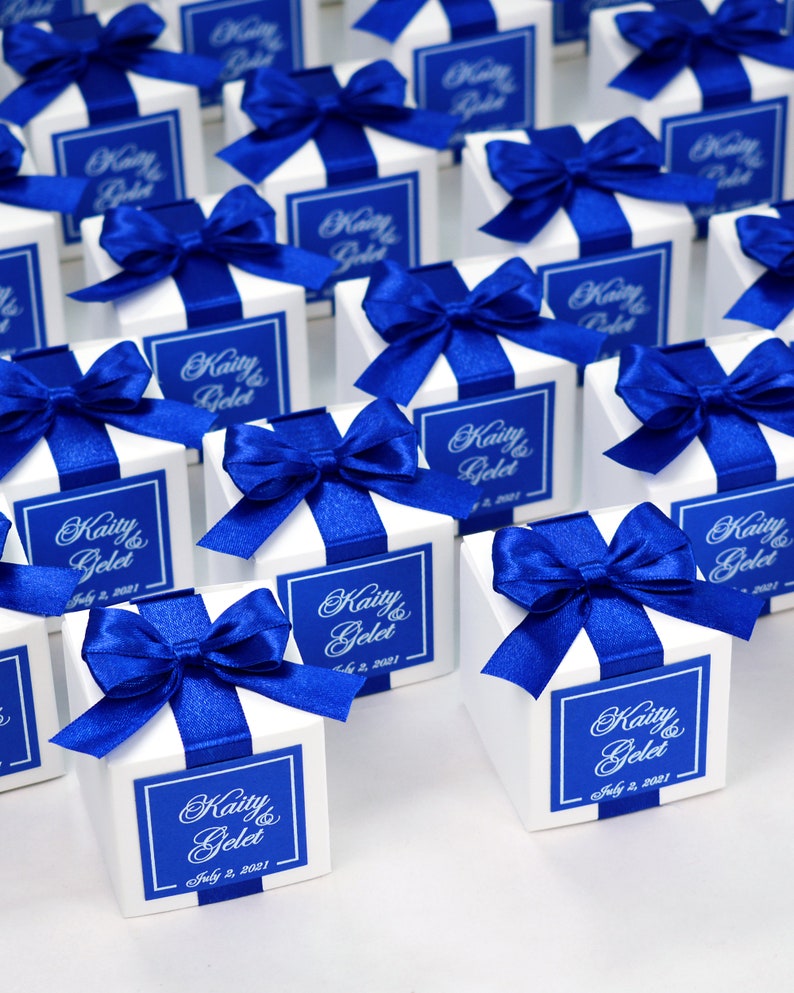50 Personalized Wedding Favor Boxes: Royal Blue Ribbon Bow and Custom ...