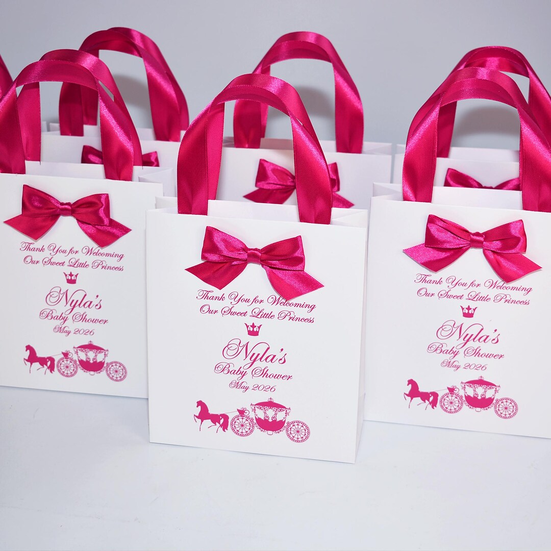 20 Princess Theme Baby Shower Favor Bags, Satin Ribbon Bow, Custom Name ...