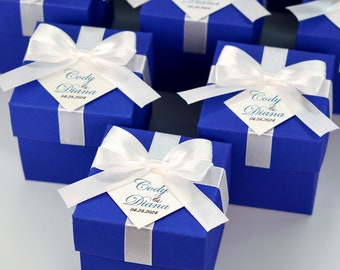 Royal Blue Wedding Favor Boxes with satin ribbon bow and custom names, Elegant Bonbonniere, Personalized gifts and favors for your guests