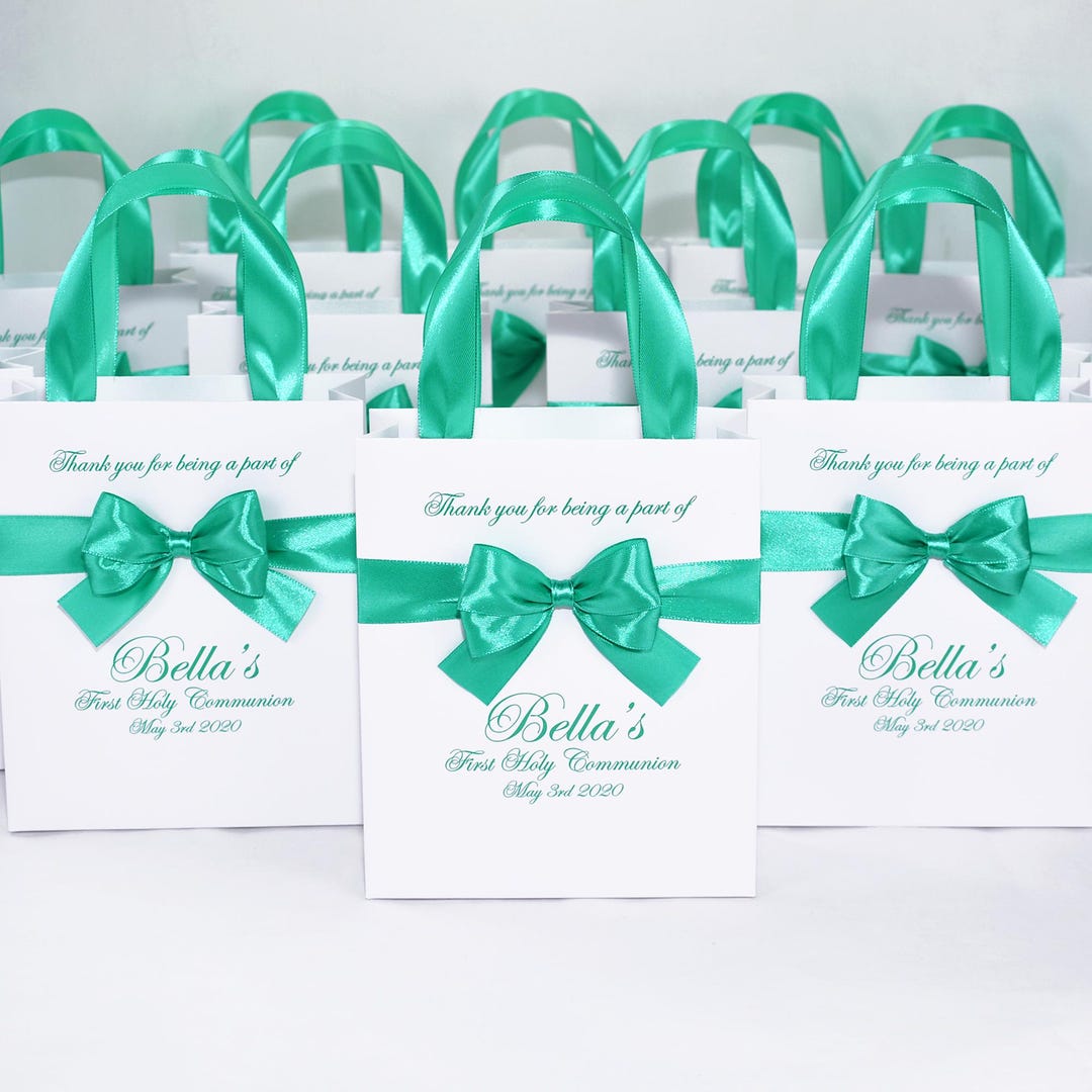 Communion Mint 10 First Holy Communion Favor Bags, Mint Satin Ribbon Handles, Bow and ...