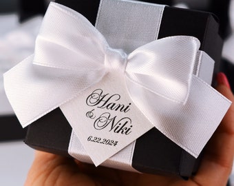 Elegant Black & White Wedding Gift Box with satin ribbon bow and custom tag, Wedding Favor Boxes, Bonbonniere, Personalized gifts and favors