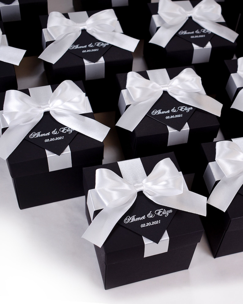 100 Black & White Personalized Wedding Favor Boxes With Satin Ribbon ...
