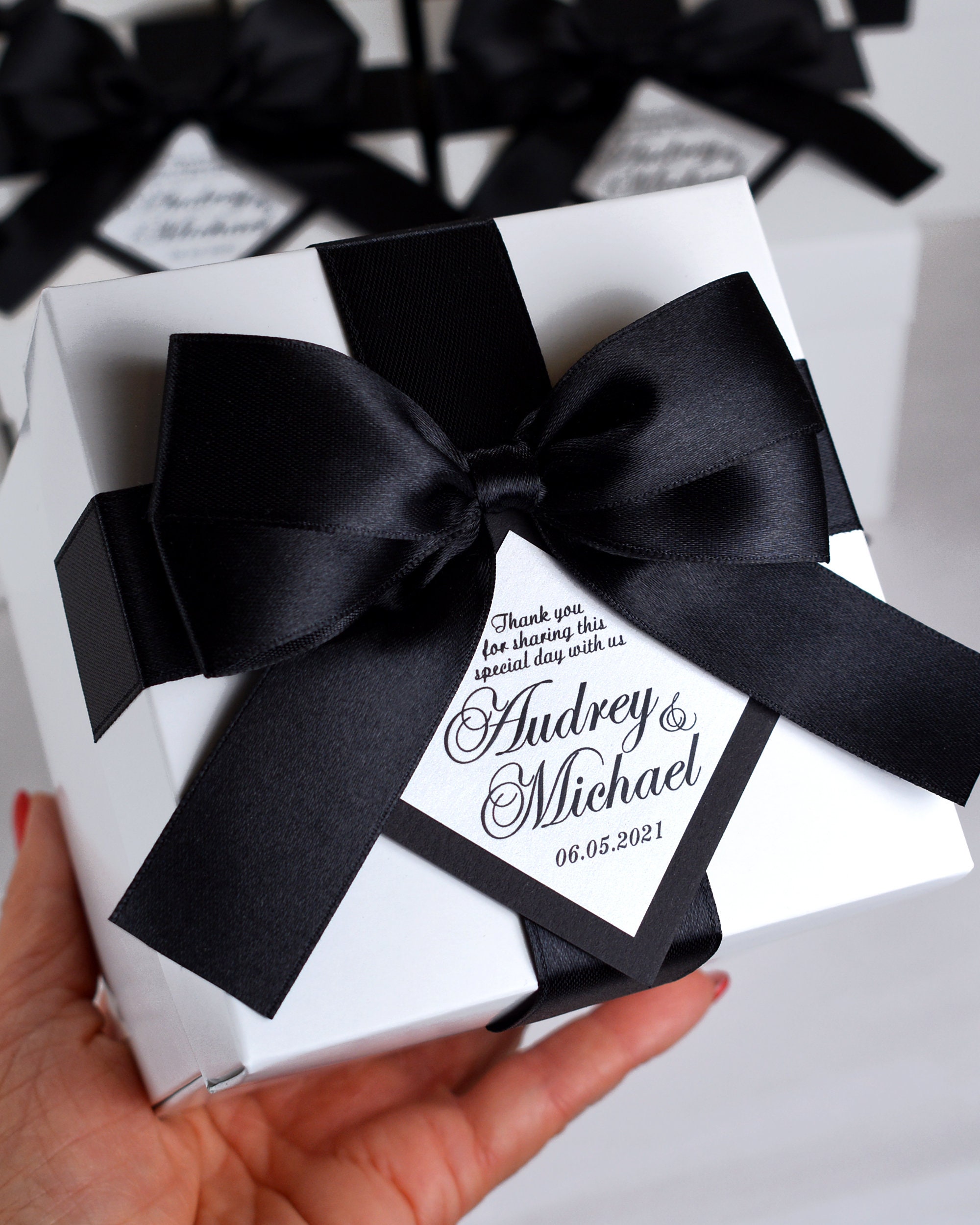 Personalized Wedding Favor Boxes with satin ribbon bow and custom names, Elegant Black & White box for your gifts and favors for guests