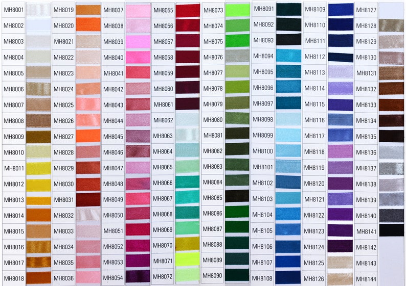 K&ouml;nnte beinhalten: Eine Farbkarte mit 144 verschiedenen Bandfarben, jede Farbe ist mit einem eindeutigen Code gekennzeichnet. Die Farben reichen von Wei&szlig; bis Schwarz und umfassen Farbt&ouml;ne von Rot, Orange, Gelb, Gr&uuml;n, Blau, Lila, Braun und Grau.