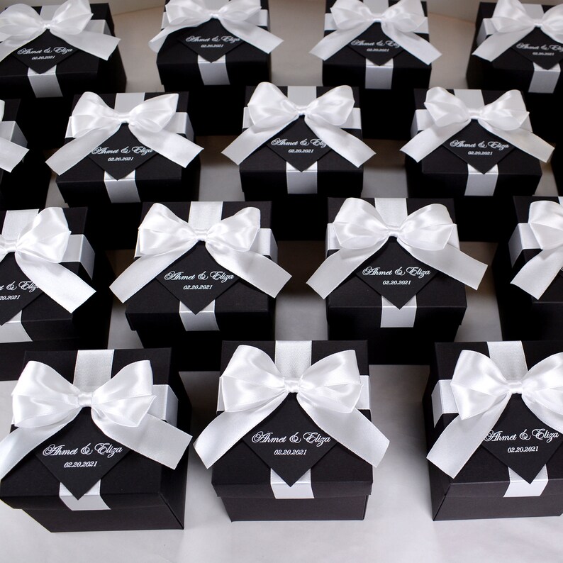 100 Black & White Personalized Wedding Favor Boxes With Satin Ribbon ...