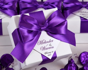 Personalized Wedding Favor Boxes: Purple Satin Ribbon, Elegant Bonbonniere