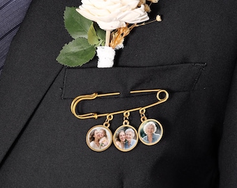 Custom Memorial Photo Charm & Wedding Lapel Pin — Personalized Photo Pin for Bouquet, Groom, or In Memory Keepsake