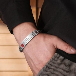 Roestvrijstalen medische waarschuwingsarmband voor heren, aangepaste medische armband, gegraveerde ID-armband, armband gezondheid noodgeval voor hem echtgenoot