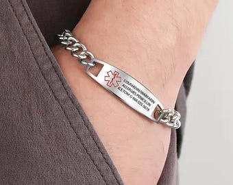 Stainless Steel Medical Alert Bracelet for Men, Custom Medical Bracelet, Engraved ID Bracelet, Health Emergency Bracelet for Him Husband