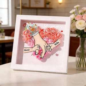 May include: A white framed artwork with a heart of pink roses. The artwork shows illustrations of hands holding each other, with the names "Annie" and "Bella" on the hands. The text "Mummy WE LOVE YOU" is also present.