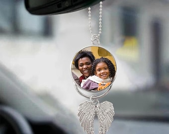 Photo Angel Wings Memorial Hanging Charm, Custom Rear View Mirror Charm, Remembrance Key Chain, Memorial Photo Key Chain, In Loving Memory