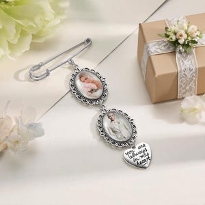 Memory Remembrance Pin, Memorial Bridal Bouquet Charm with photo, Oval Wedding Memorial Keepsake, Custom Flower Bouquet Photo Charm
