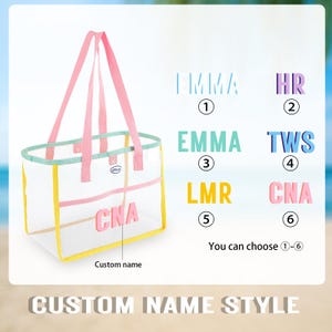 May include: A clear tote bag with pink handles and trim, and yellow accents. The bag features the text "CNA" in pink letters. The image also shows several name options and the text "Custom name style".