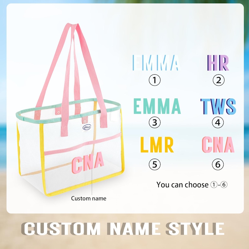 May include: A clear tote bag with pink handles and trim, and yellow accents. The bag features the text "CNA" in pink letters. The image also shows several name options and the text "Custom name style".