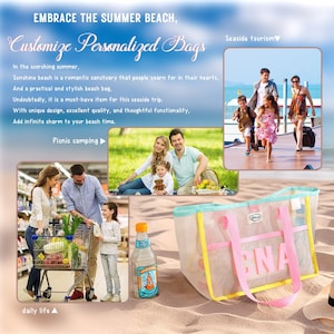 May include: A mesh beach bag with pink handles spelling "GNA" is displayed on a sandy beach. The bag has a light blue trim and yellow accents. The image also includes a family at the beach, a family shopping, and text that says "Embrace the Summer Beach, Customize Personalized Bags."