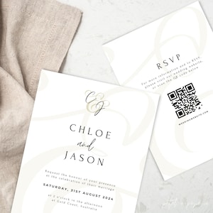 May include: White wedding invitation with a minimalist design featuring the couple's names, Chloe and Jason, and the date of their wedding, Saturday, 31st August 2024. The invitation also includes a QR code for RSVP.