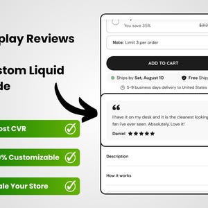 May include: A digital display showing e-commerce platform features. The interface includes a product review, a shopping cart button, and text that reads "Display Reviews" and "Custom Liquid Code." Green buttons highlight features like "Boost CVR."