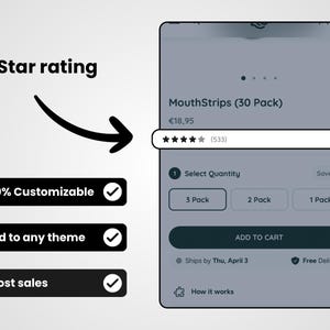 May include: A product page for MouthStrips (30 Pack) with a 5-star rating and 533 reviews. The product is priced at €18.95 and offers a 50% discount. The page includes a quantity selection option with 3 Pack, 2 Pack, and 1 Pack options. The page also includes an "Add to Cart" button, shipping information, and a "Free Delivery" icon.