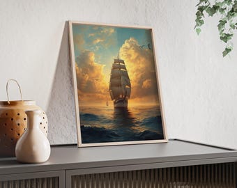 Ingelijste poster van een zeilschip bij zonsondergang