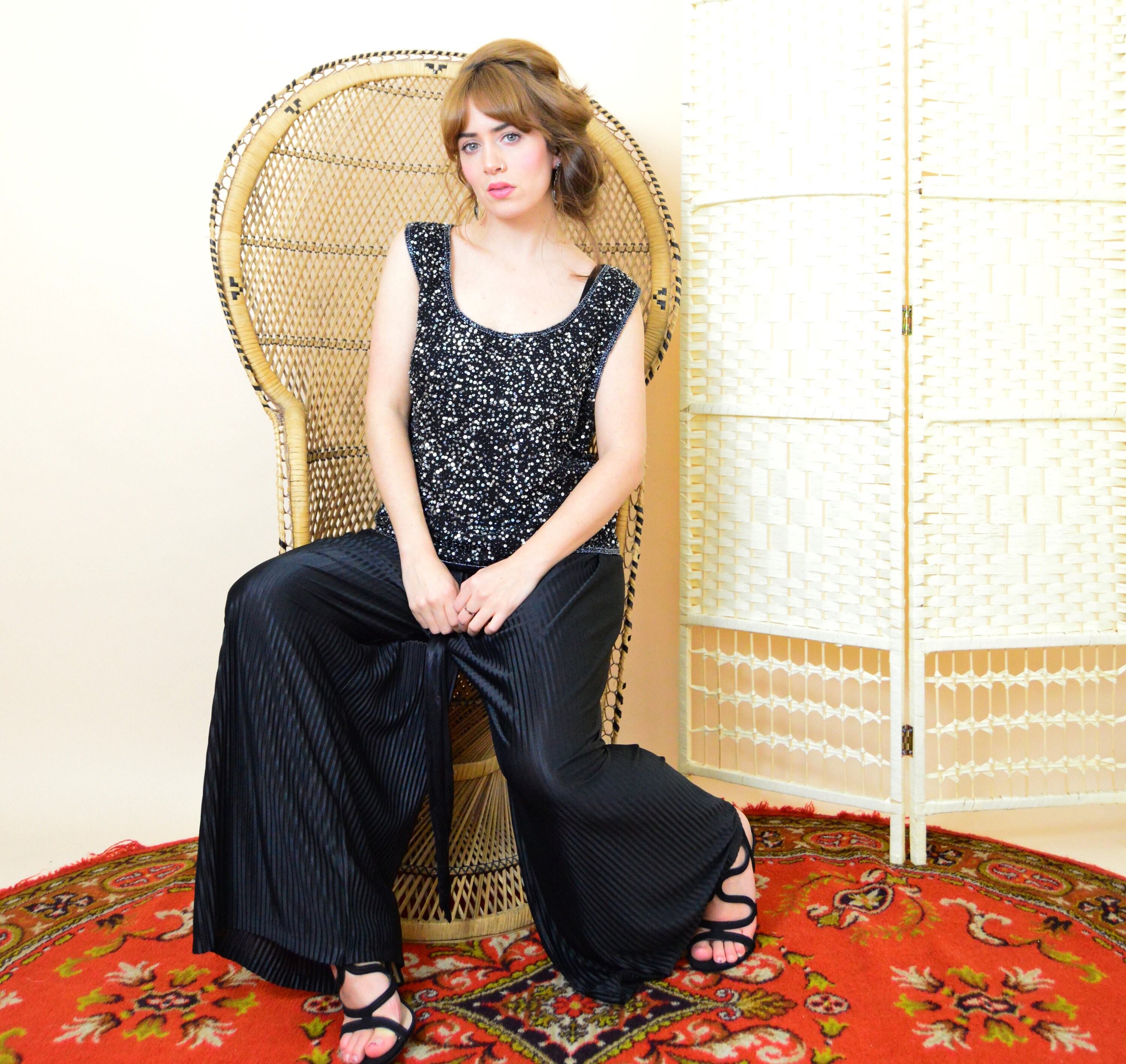 Image of Vintage 's Black Sequin Party Top - Silk Beaded Vest Size