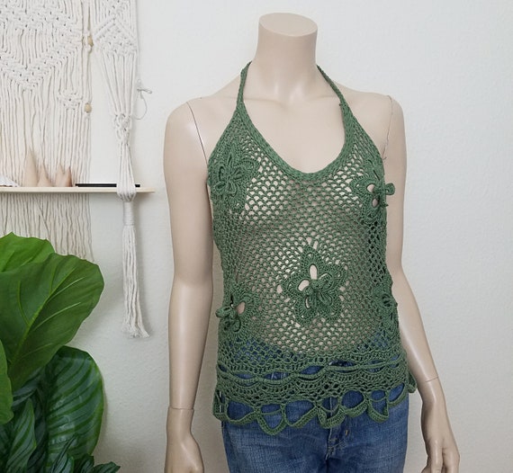 Vintage 90's green crochet hippie halterneck top -