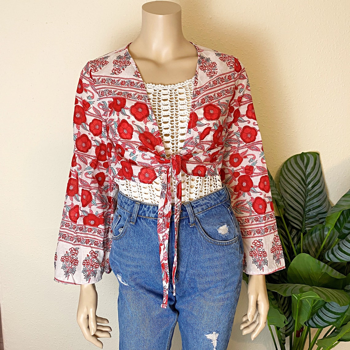 Front Open Tie Sleeves Cotton Floral Printed Top main image 0