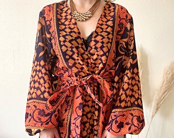 Boho kimono robe, balloon sleeve, midi kimono, duster jacket, dressing gown