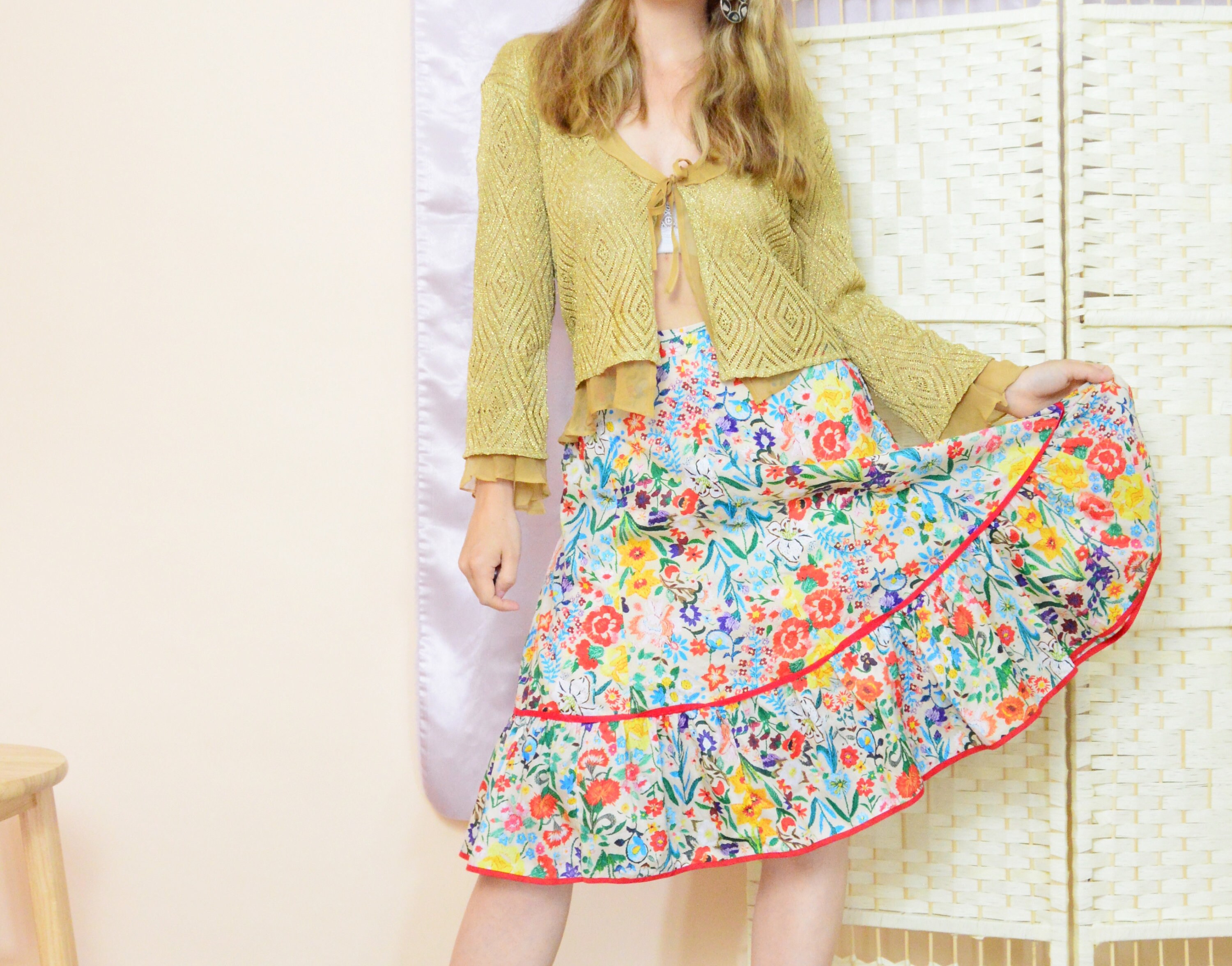 Image of Floral Hippie Folk Midi Skirt - Size