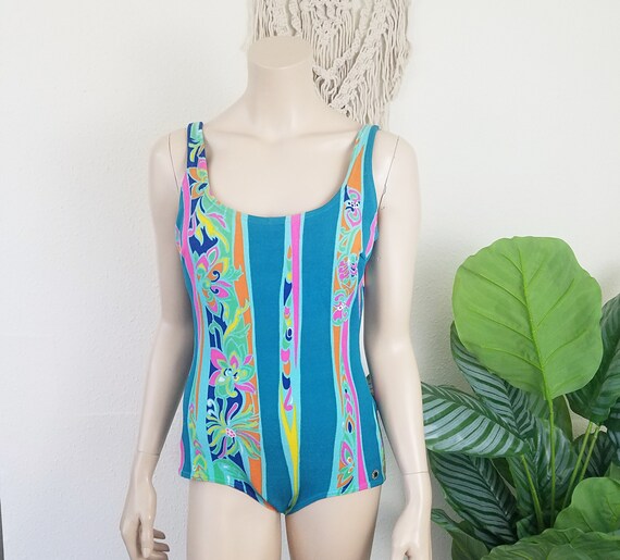 blue floral bathing suit