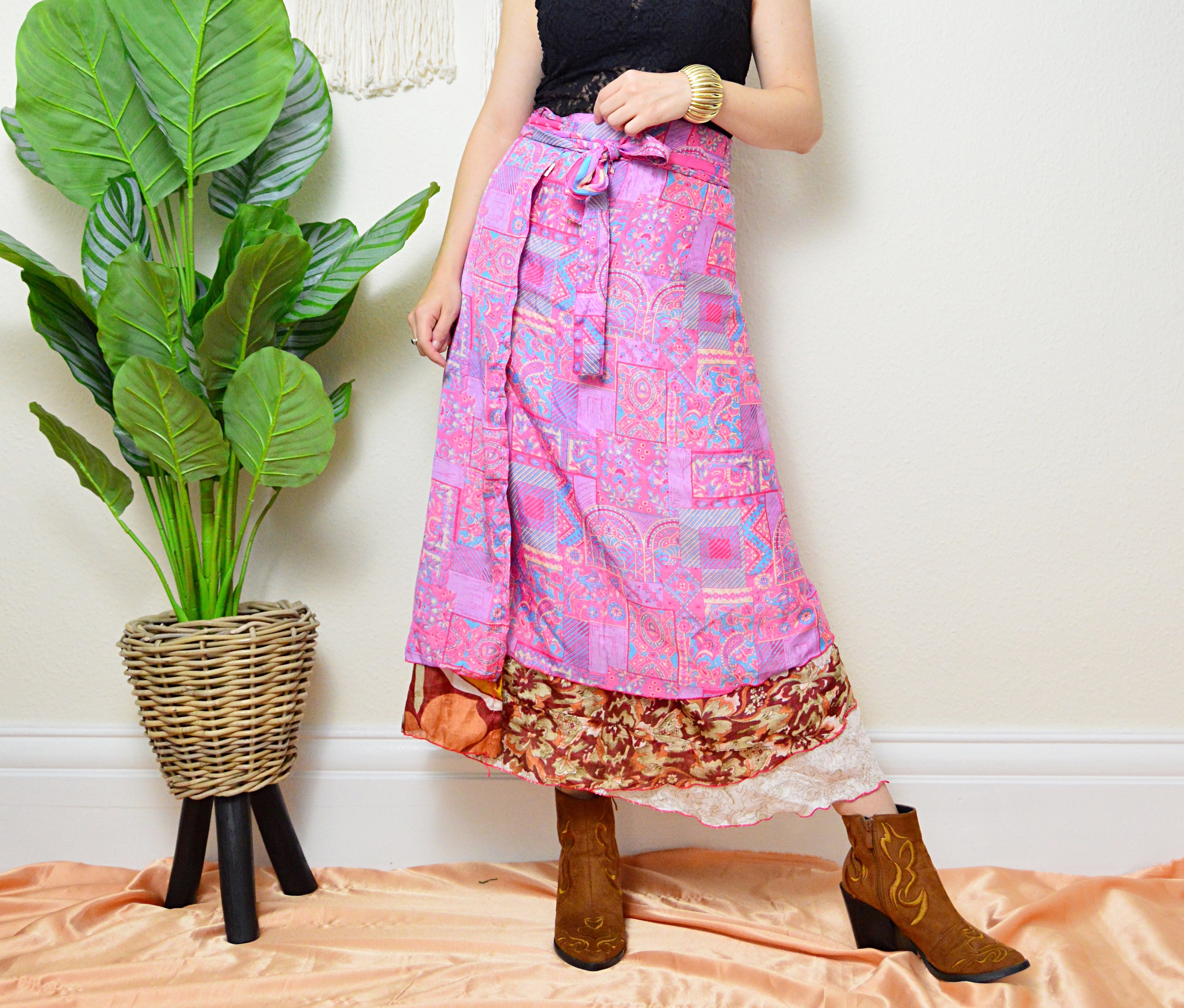 Image of Vintage Pink Boho Hippie Silk Wrap Skirt - Uk -