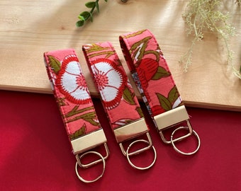 floral keychain women, gift ideas, block print fabric, cotton fabric keychain