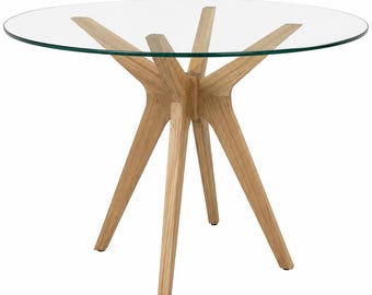 Solid wood pedestal table legs for round glass top, sculptural spider base, oak walnut