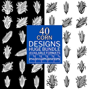 Puede incluir: Una colección de 40 diseños de maíz en blanco y negro, con varias ilustraciones de mazorcas de maíz. Los diseños están disponibles en formatos PNG, SVG, JPG, DXF y EPS. El texto dice "40 Corn Designs Huge Bundle".