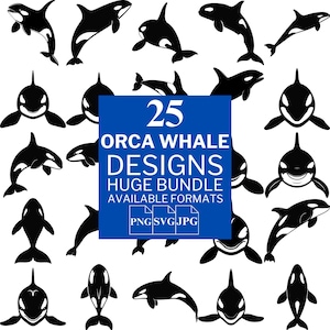Lot de 25 baleines orques SVG - fichiers vectoriels uniques pour Cricut et Silhouette, clipart baleines orques, dessins de baleines orques, 3 formats disponibles