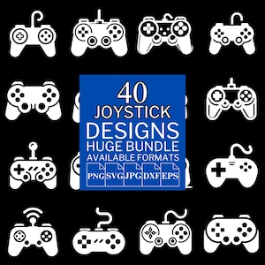 May include: A black background with white joystick designs. A blue square in the center reads "40 JOYSTICK DESIGNS HUGE BUNDLE AVAILABLE FORMATS PNG SVG JPG DXF EPS".
