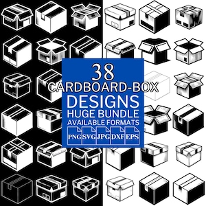 Paquete de 38 cajas de cartón SVG: archivos vectoriales únicos para Cricut y Silhouette, diseños de cajas de cartón, 5 formatos disponibles