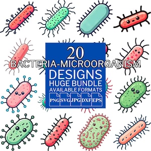 Könnte beinhalten: Eine Sammlung von 20 Cartoon-Bakterien- und Mikroorganismen-Designs in verschiedenen Farben, darunter Rot, Grün und Blau. Das Bild enthält ein blaues Quadrat mit dem Text "20 DESIGNS HUGE BUNDLE" und Dateiformatsymbolen.