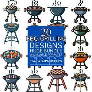 May include: A collection of 20 BBQ and grilling designs in various styles. The designs include illustrations of charcoal grills with smoke, food, and the text "20 BBQ-GRILLING DESIGNS HUGE BUNDLE AVAILABLE FORMATS".