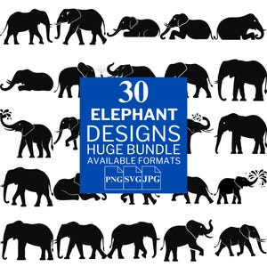 Lot de 30 éléphants SVG - fichiers vectoriels uniques pour Cricut et Silhouette, clipart éléphant, dessins d'éléphants, 3 formats disponibles