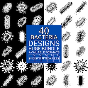 Könnte beinhalten: Schwarz-weiße Grafik mit 40 Bakteriendesigns in verschiedenen Formen und Größen. Die Designs umfassen stachelige und abgerundete Formen. Ein blaues Quadrat in der Mitte zeigt den Text "40 BACTERIA DESIGNS HUGE BUNDLE AVAILABLE FORMATS".